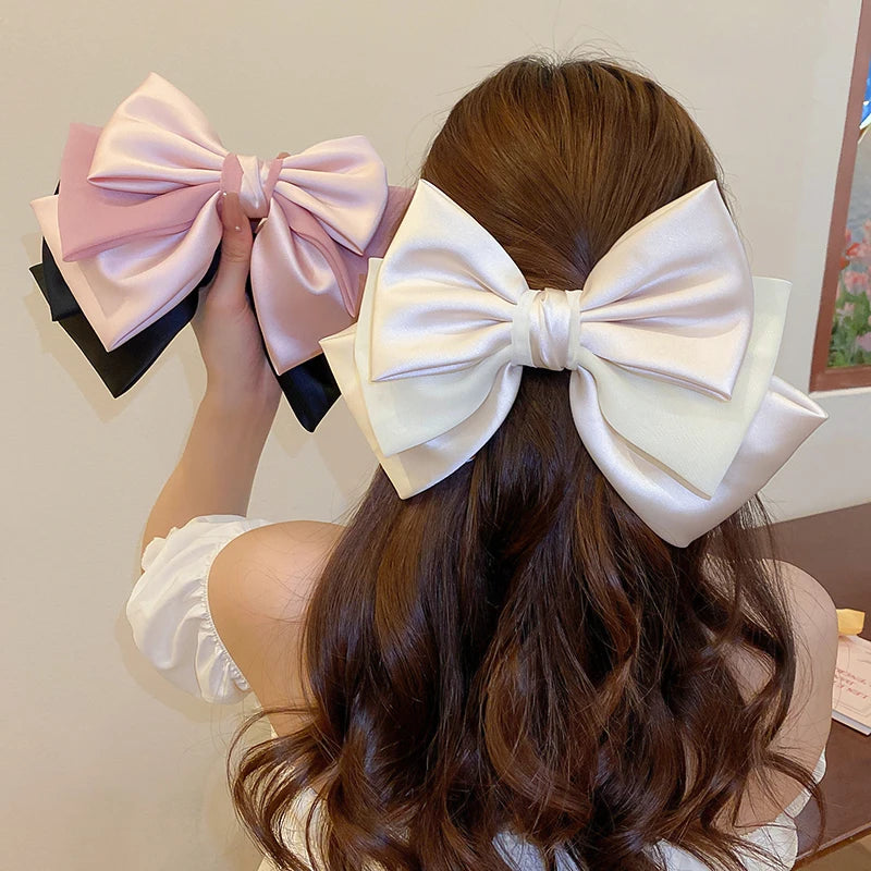 Pink Satin Bow Hair Clips